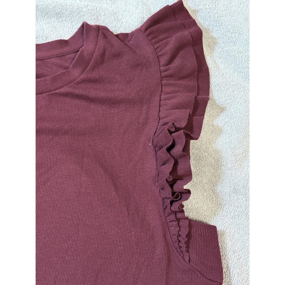 Gap Size XXL Ribbed Ruffle Short Sleeve Maroon Red Top Shirt Crew Neck Soft - Picture 2 of 7